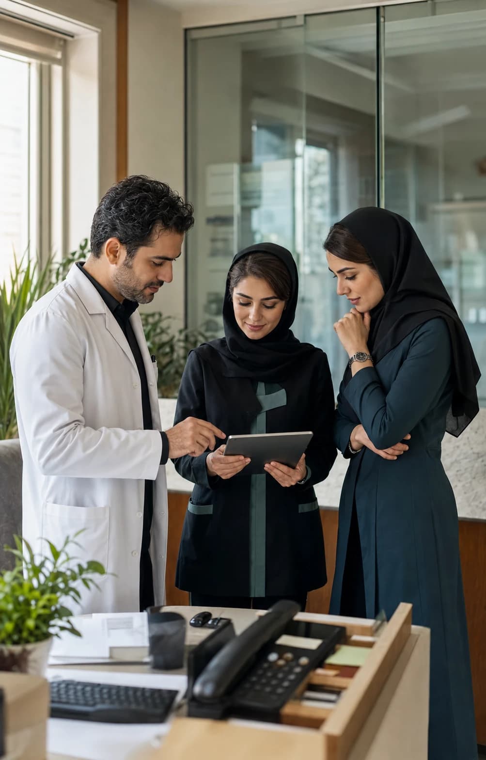پزشک، منشی و مدیر یک مجموعه درمانی در حال بررسی اطلاعات روی تبلت