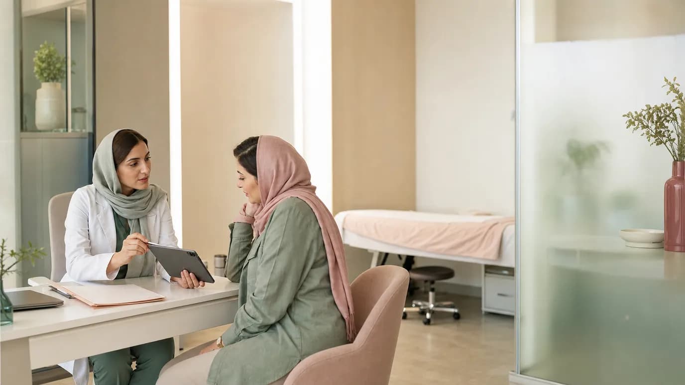 مشاوره در کلینیک زیبایی؛ ارائه‌دهنده خدمت در حال مرور برنامه درمان با مراجع