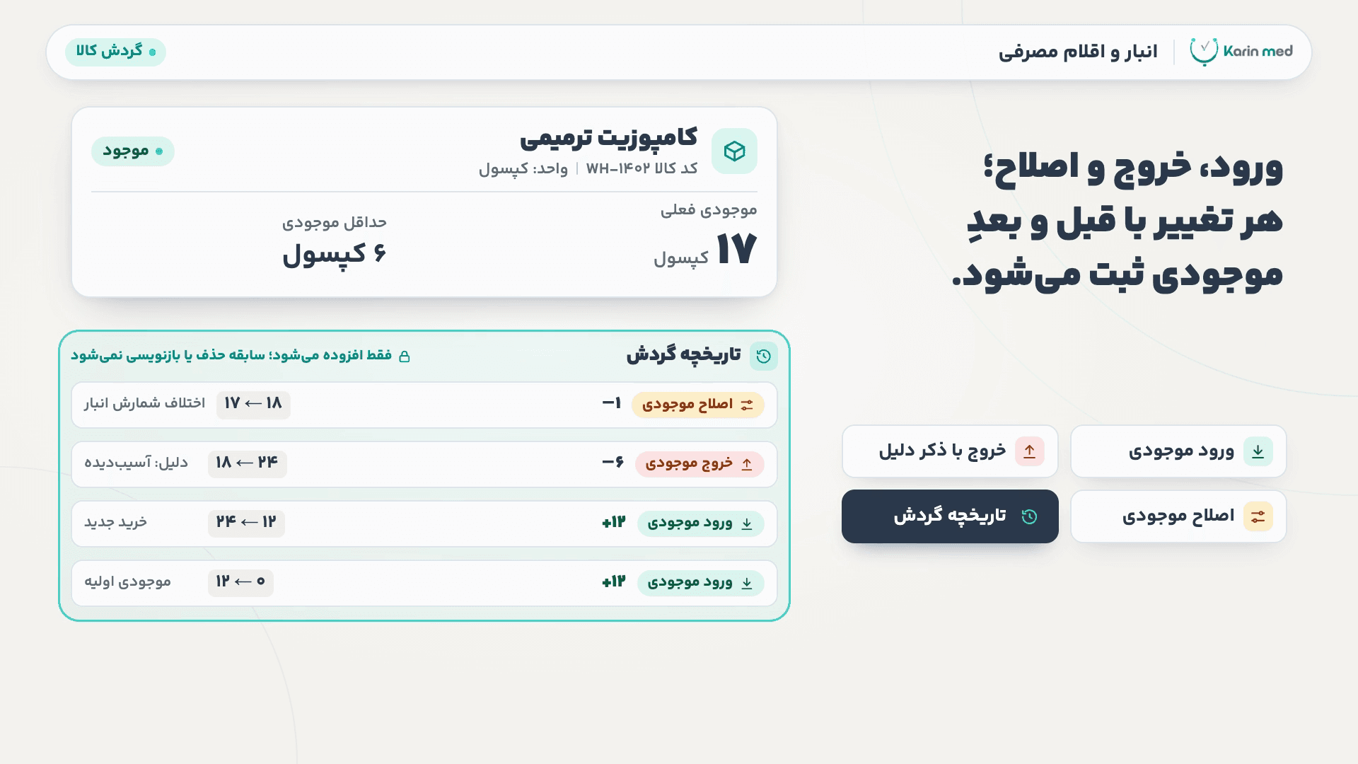 کارت کالای کامپوزیت ترمیمی با موجودی فعلی و حداقل موجودی، همراه با تاریخچه گردش شامل ورود، خروج با دلیل و اصلاح موجودی؛ نمونهٔ نمایشی با داده‌های فرضی