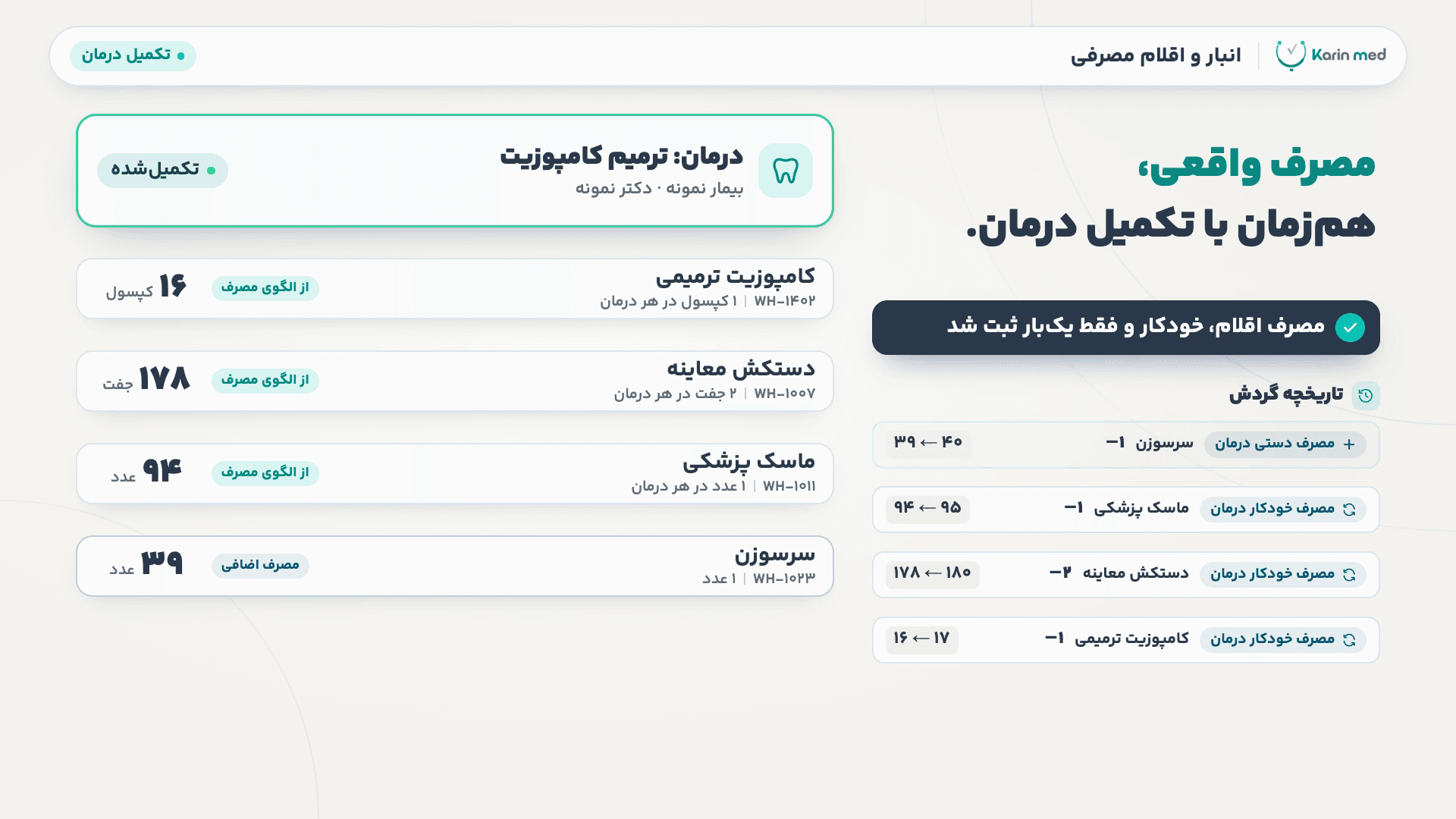تکمیل درمان ترمیم کامپوزیت در انبار هوشمند کارین مد؛ اقلام الگوی مصرف یک‌بار کسر شده و هر حرکت با موجودی قبل و بعد در تاریخچه گردش آمده است